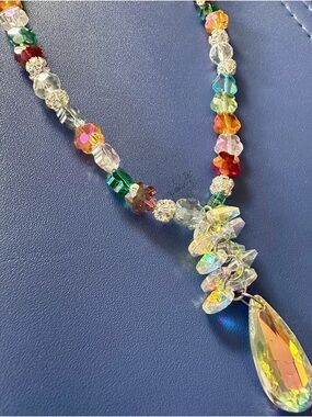 Hand Crafted Multicolor Crystal Beaded Necklace with Iridescent Teardrop